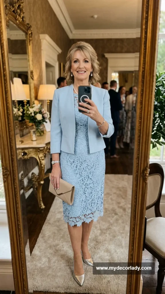 5. Powder Blue Lace Dress with Matching Jacket