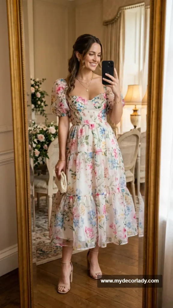 5. Romantic Floral Organza Midi Dress
