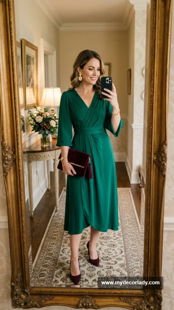 6. Jewel-Tone Dress + Gold Accessories + Velvet Clutch