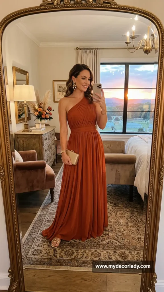 6. One-Shoulder Maxi Dress for a Sunset Ceremony