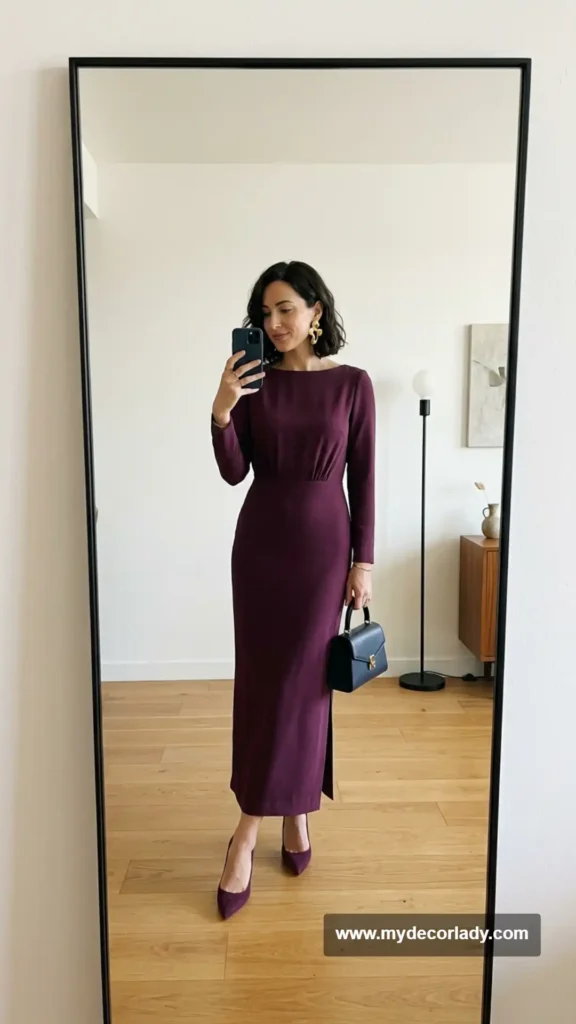 7. Minimalist Column Dress + Sculptural Earrings + Pointed Pumps