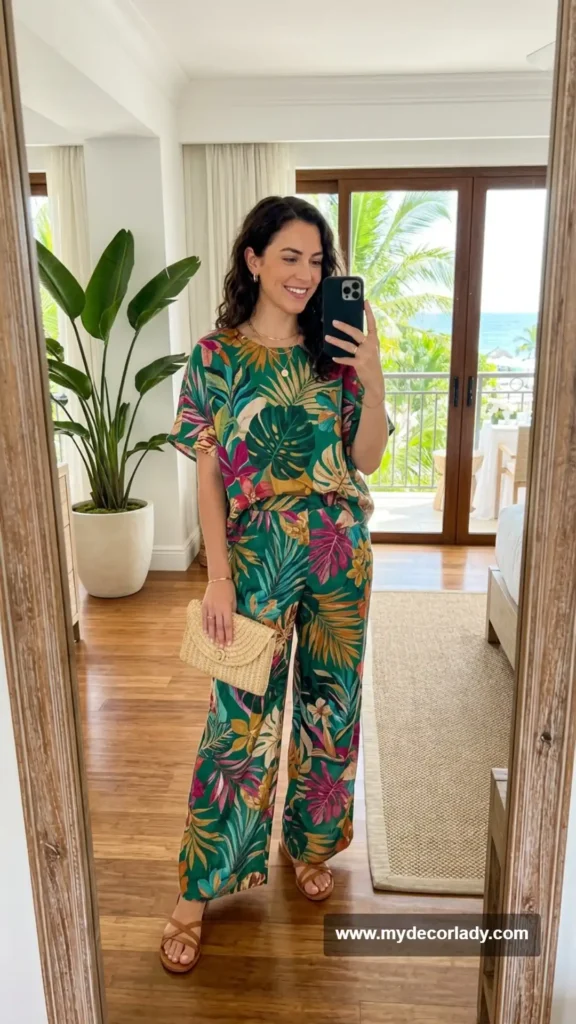 7. Printed Co-Ord Set for a Tropical Wedding
