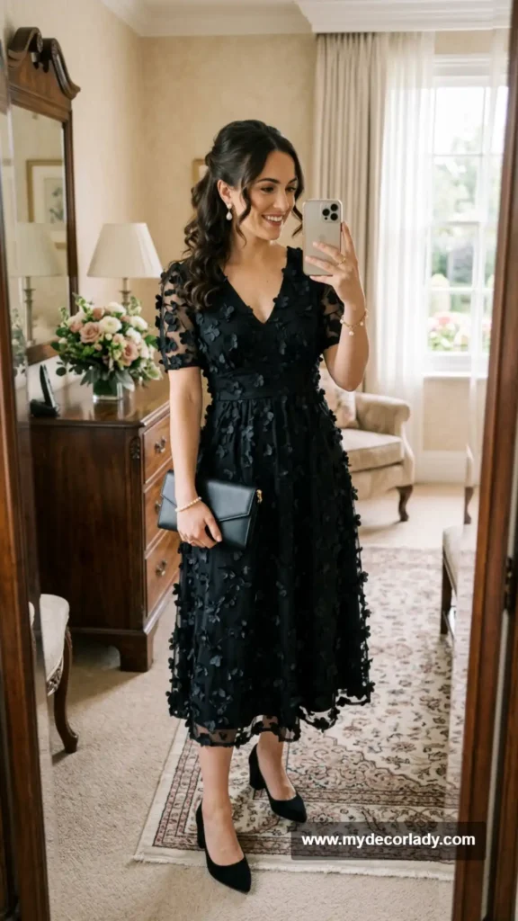 8. Black Floral Appliqué Dress