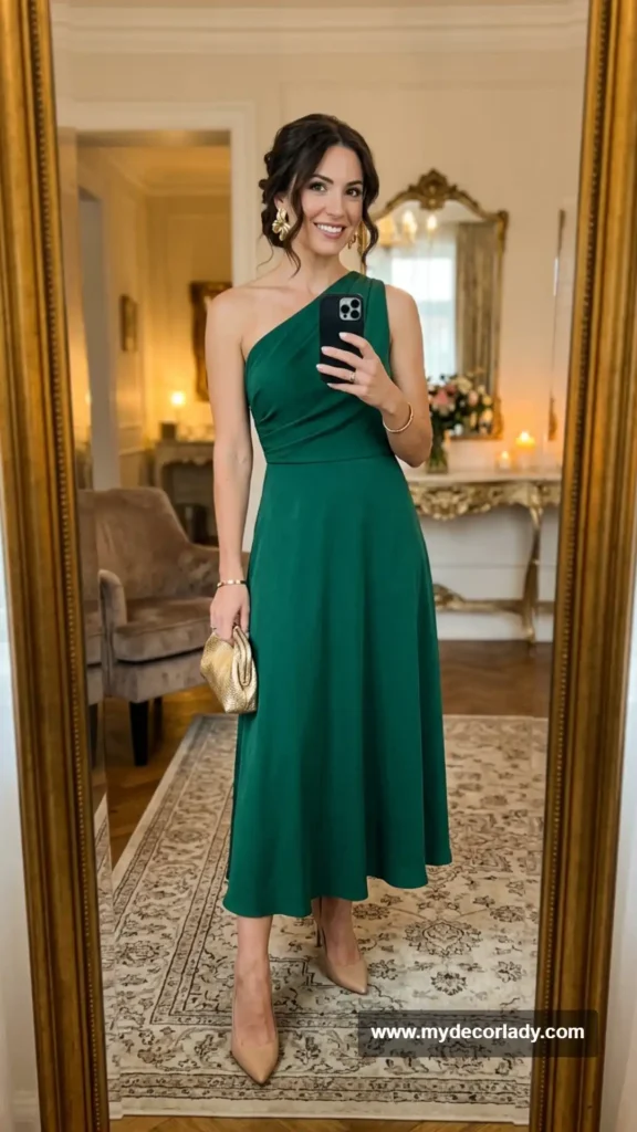 8. One-Shoulder Midi Dress With Minimal Jewelry