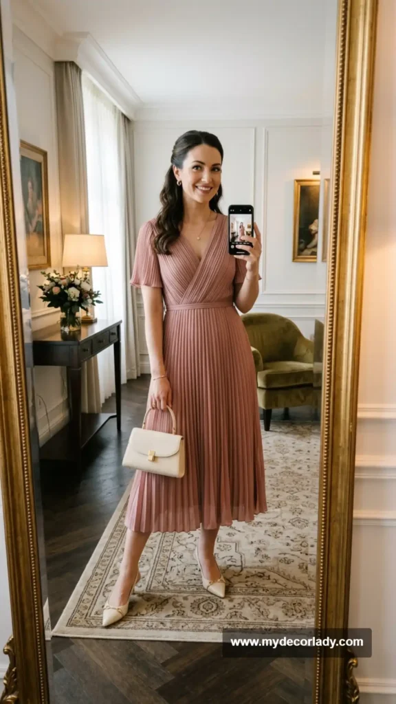 8. Pleated Midi Dress + Pendant Necklace + Kitten Heels