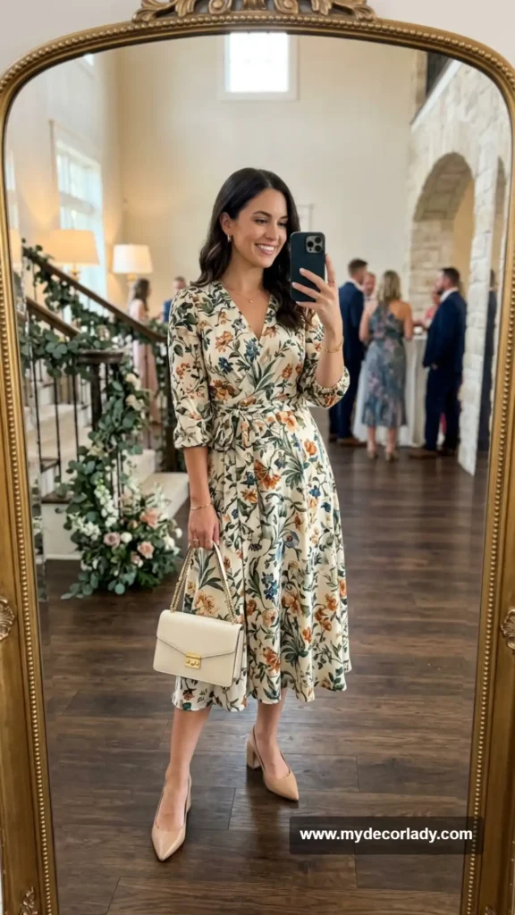 8. Printed Wrap Dress for a Semi-Formal Wedding
