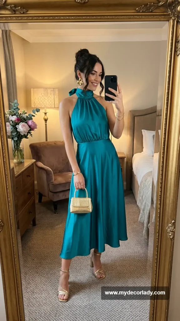 8. Teal Halter-Neck Midi Dress