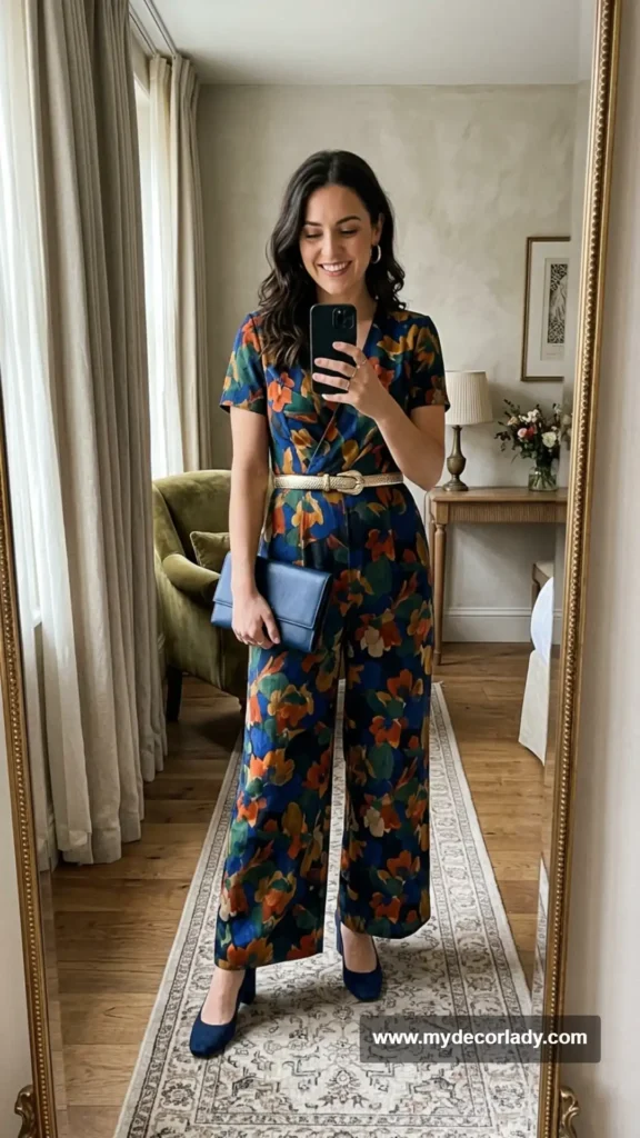 9. Printed Jumpsuit + Statement Belt + Minimalist Earrings