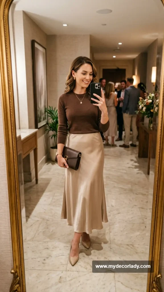 9. Satin Skirt With an Elegant Knit Top