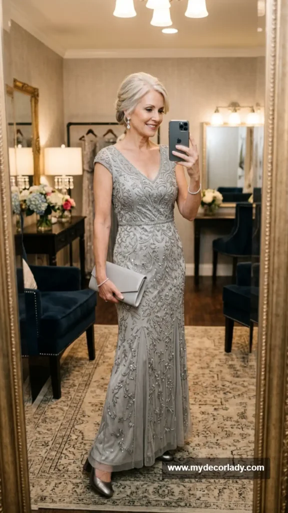 9. Silver Gray Beaded Evening Gown